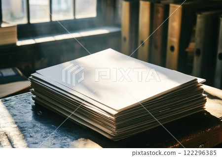 Stack of paper sheets in sunlit office environment with window view and folders 122296385