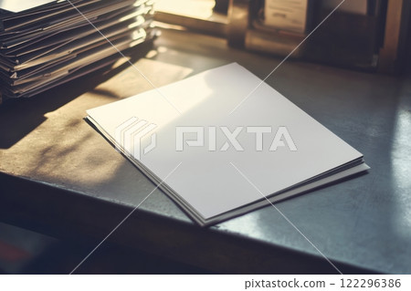Stack of blank white papers on a wooden desk in sunlight reflecting ambient light 122296386