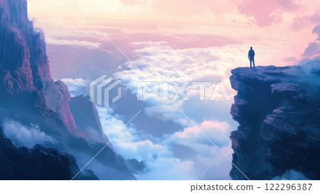 Man standing on elevated cliff overseeing expansive cloudscape in dramatic sunrise 122296387