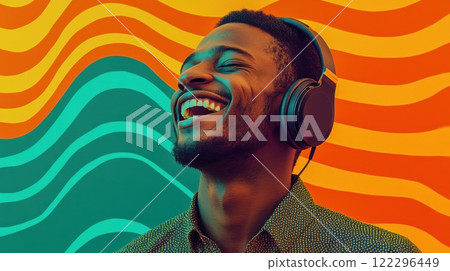 Joyful young man listening to music with headphones against vibrant wavy background 122296449