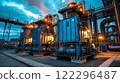 Industrial power generators illuminated at dusk in a facility. Generative AI 122296487