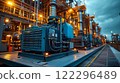 Industrial machinery operates at twilight in a power plant. Generative AI 122296489