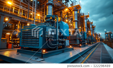 Industrial machinery operates at twilight in a power plant. Generative AI 122296489