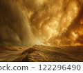 Dramatic desert landscape under swirling orange sandstorm clouds. Generative AI 122296490