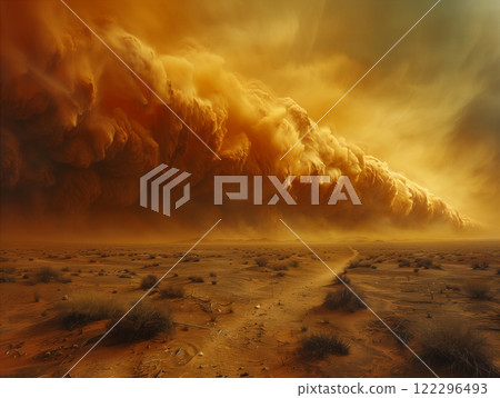 Dust storm approaches desert landscape under ominous skies. Generative AI 122296493