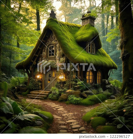 A whimsical fairytale cottage nestled in a lush garden, featuring traditional architecture with a moss-covered roof and charming, irregular stone walls. The cottage is surrounded by blooming flowers A whimsical fairytale cottage nestled in a lush garden, featuring traditional architecture with a moss-covered roof and charming, irregular stone walls. The cottage is surrounded by blooming flowers 122296527
