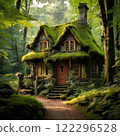 A whimsical fairytale cottage nestled in a lush garden, featuring traditional architecture with a moss-covered roof and charming, irregular stone walls. The cottage is surrounded by blooming flowers 122296528