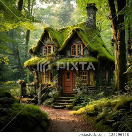 A whimsical fairytale cottage nestled in a lush garden, featuring traditional architecture with a moss-covered roof and charming, irregular stone walls. The cottage is surrounded by blooming flowers A whimsical fairytale cottage nestled in a lush garden, featuring traditional architecture with a moss-covered roof and charming, irregular stone walls. The cottage is surrounded by blooming flowers 122296528