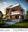 Modern architectural design, contemporary minimalist style, luxurious structure featuring large glass panels, concrete walls, and natural wood accents, open and spacious layout, surrounded by a serene 122296529