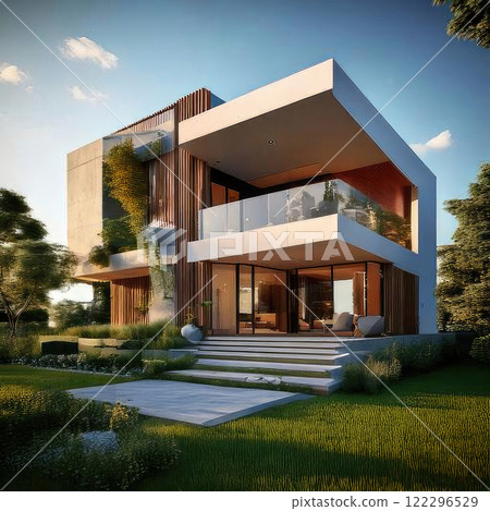 Modern architectural design, contemporary minimalist style, luxurious structure featuring large glass panels, concrete walls, and natural wood accents, open and spacious layout, surrounded by a serene Modern architectural design, contemporary minimalist style, luxurious structure featuring large glass panels, concrete walls, and natural wood accents, open and spacious layout, surrounded by a serene 122296529