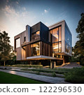 Modern architectural design, contemporary minimalist style, luxurious structure featuring large glass panels, concrete walls, and natural wood accents, open and spacious layout, surrounded by a serene 122296530
