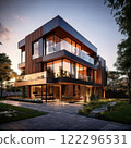 Modern architectural design, contemporary minimalist style, luxurious structure featuring large glass panels, concrete walls, and natural wood accents, open and spacious layout, surrounded by a serene 122296531