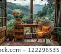 Cozy workspace with view of mountain landscape in a cabin. Generative AI 122296535