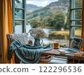 Cozy workspace by the lake with mountain views in daylight. Generative AI 122296536