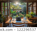 Work space with a view of a beautiful garden setting. Generative AI 122296537