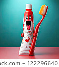 Cartoon toothbrush and toothpaste, fun and colorful design, anthropomorphic characters with smiling faces, promoting dental hygiene, bubble and glitter play elements, designed for children 122296640