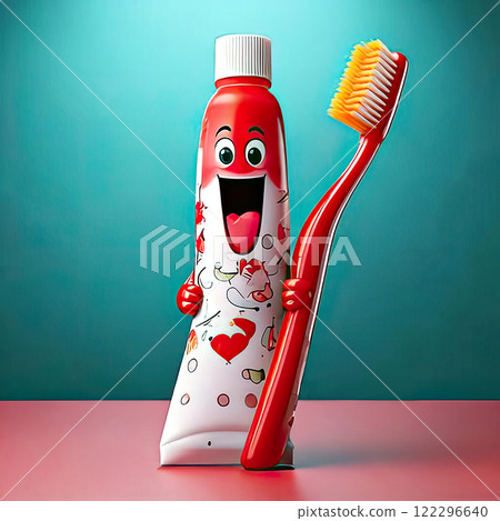 Cartoon toothbrush and toothpaste, fun and colorful design, anthropomorphic characters with smiling faces, promoting dental hygiene, bubble and glitter play elements, designed for children Cartoon toothbrush and toothpaste, fun and colorful design, anthropomorphic characters with smiling faces, promoting dental hygiene, bubble and glitter play elements, designed for children 122296640