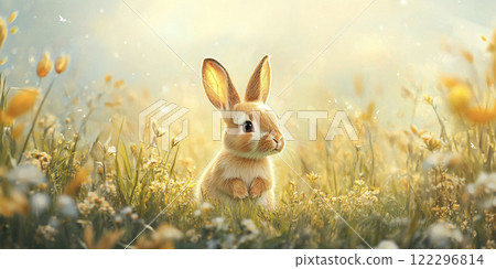 Spring flowers and cute Easter rabbit AI image 122296814
