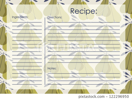 Recipe card template - fruits pastry. Juicy pears bakery cooking list. Cartoon recipe card template Recipe card template - fruits pastry. Juicy pears bakery cooking list. Cartoon recipe card template 122296950