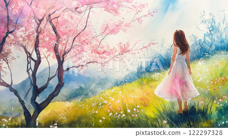 唯美的春天户外散步的少女风景插画 122297328