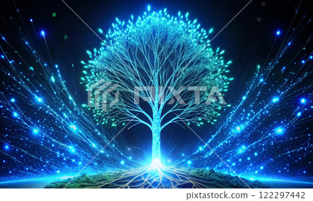 A glowing holographic tree among shimmering threads on a dark background A glowing holographic tree among shimmering threads on a dark background 122297442