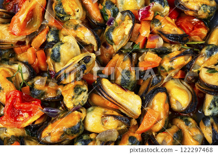 A pile of mussels, close up. A pile of mussels, close up. 122297468