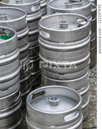 Stacked Steel Beer Kegs in a Storage Area 122297635