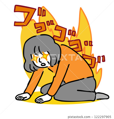 A woman sat down with her eyes glowing and surrounded by flames. A woman sat down with her eyes glowing and surrounded by flames. 122297905
