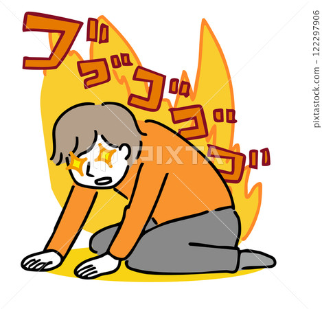 A man sitting down with his eyes shining and a roaring flame A man sitting down with his eyes shining and a roaring flame 122297906