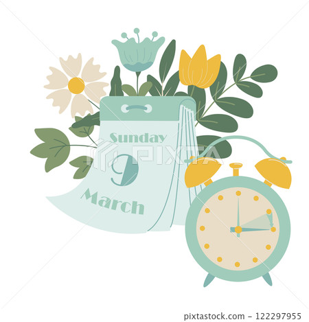 Spring forward in USA and Canada 2025, change clock forward one hour, Daylight Saving Time web reminder banner in flat style. Clocks with arrow turning forward an hour. Spring forward in USA and Canada 2025, change clock forward one hour, Daylight Saving Time web reminder banner in flat style. Clocks with arrow turning forward an hour. 122297955