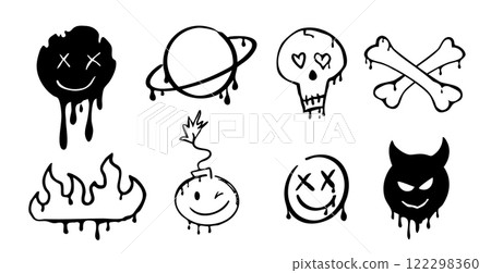 Graffiti Gangster tattoo elements, paint splash, spray. Heart face, skull set. Doodle gunge groovy print crown, cherry, scary kit,. 122298360