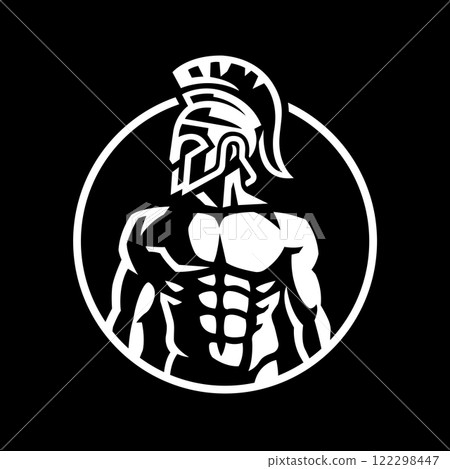 Spartan warrior in a helmet on a dark background. 122298447
