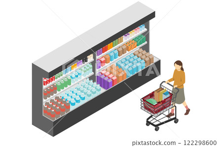 等距插圖:飲料角和推購物車的婦女 等距插圖:飲料角和推購物車的婦女 122298600