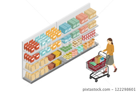 Isometric illustration: display shelves and a woman pushing a shopping cart 122298601