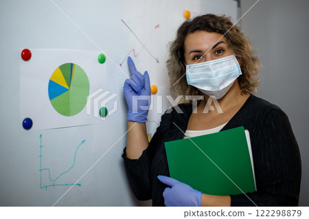 A young cheerful employee, a corporate lawyer, a woman in a mask and gloves working in an office shows paper accounting documents on a marker board. Protection in the office from viruses. 122298879