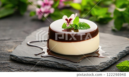 Minimalist Chocolate-Topped Panna Cotta Design 122298948