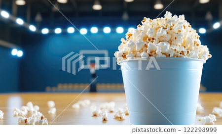 Close-up of Popcorn with Neon Basketball Court Lights 122298999