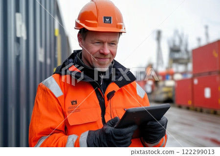Logistics Expert Planning Delivery Routes on Tablet 122299013