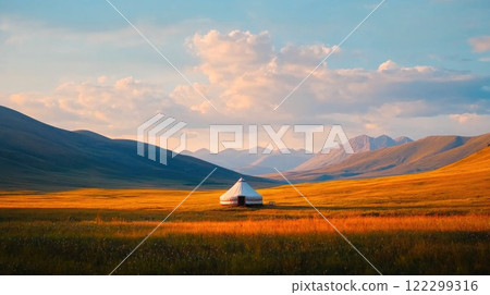 Mongolian yurts in remote wilderness setting Mongolian yurts in remote wilderness setting 122299316