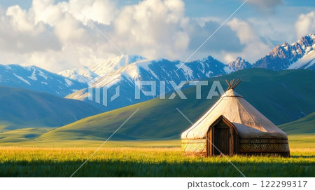 Mongolian yurts with backdrop of mountainous terrain Mongolian yurts with backdrop of mountainous terrain 122299317