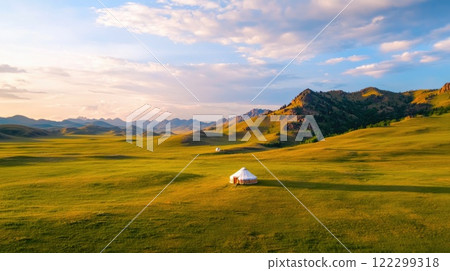 Yurt village in Mongolia's sweeping steppe 122299318