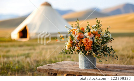 Traditional Mongolian yurts amidst open terrain Traditional Mongolian yurts amidst open terrain 122299323