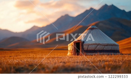 Mongolian yurts amidst endless plains 122299333