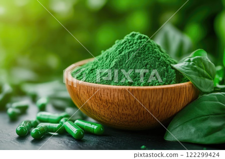 Green herbal powder and capsules on wooden bowl 122299424