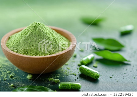 Natural green herbal powder with fresh leaves 122299425