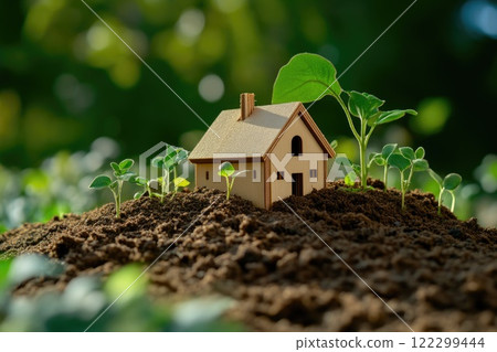 Wooden House Model on Soil with Plant Growth Wooden House Model on Soil with Plant Growth 122299444