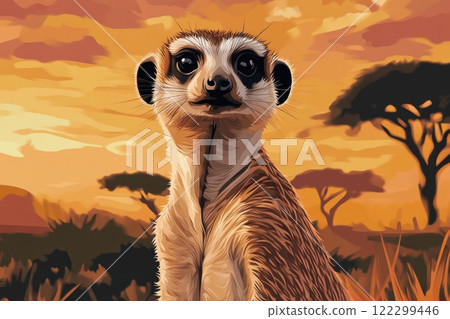 Curious Meerkat with Safari Backdrop in Detail Curious Meerkat with Safari Backdrop in Detail 122299446