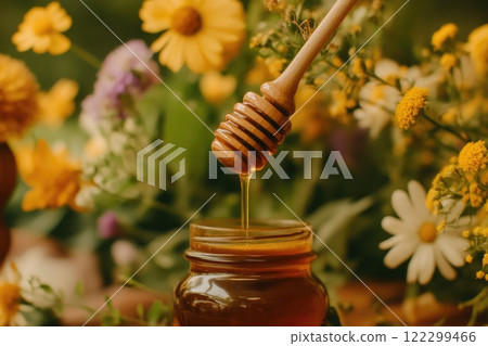 Pure Honey Dripping from Wooden Spoon 122299466