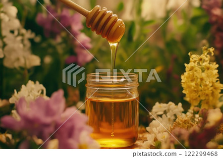 Fresh Honey Pouring into Clear Jar Fresh Honey Pouring into Clear Jar 122299468