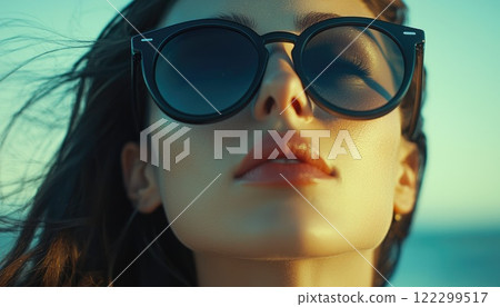 Vibrant beach scene with fashionable woman in shades 122299517